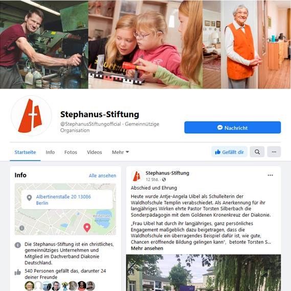 Screenshot der Facebook-Seite der Stephanus-Stiftung