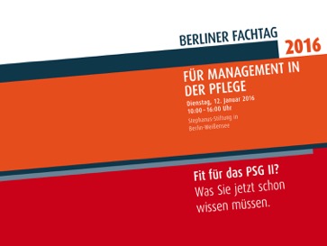 Am 12. Januar 2016 findet der nächste „Berliner Fachtag für Management in der Pflege“ statt. Unter dem Motto „Fit für das PSG II“ lädt er leitende Mitarbeitende von stationären und ambulanten Pflegeeinrichtungen dazu ein, sich über das Pfleg