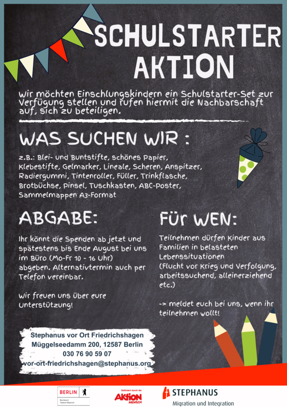 Plakat zum Aufruf zur Schulstarter-Aktion