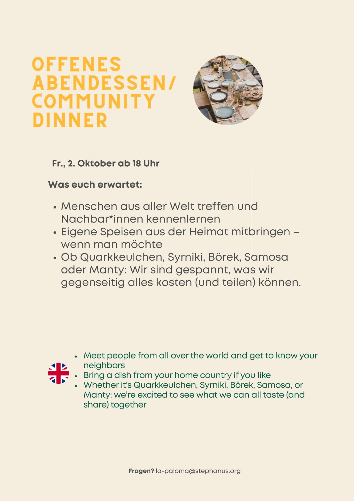 Plakat zur Veranschaulichung des Community Dinners