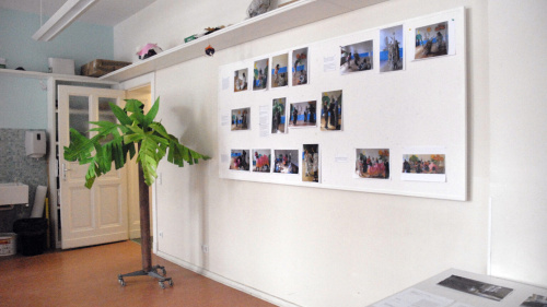 Auf einer Whiteboard hängen viele Fotos in A4-Format von verschiedenen Aktivitäten der Schüler.