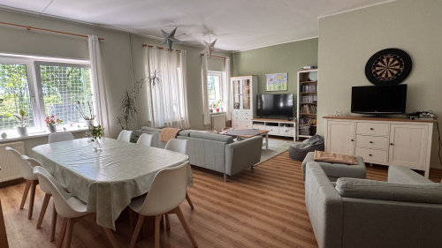 Ein gemütlicher Wohnraum mit Sofa und Esstisch