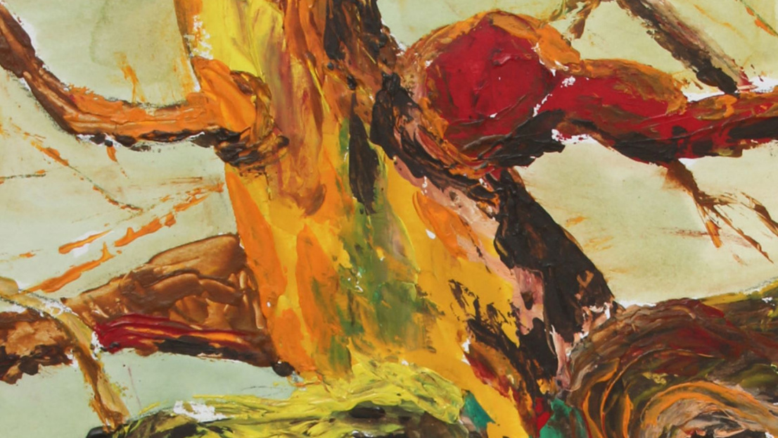 Ein Ausschnitt einer Malerei von Gisela Bragenitz-Schmid: Ein kahler Baum in warmer Licht- und Schattengebung in Orange-Tönen