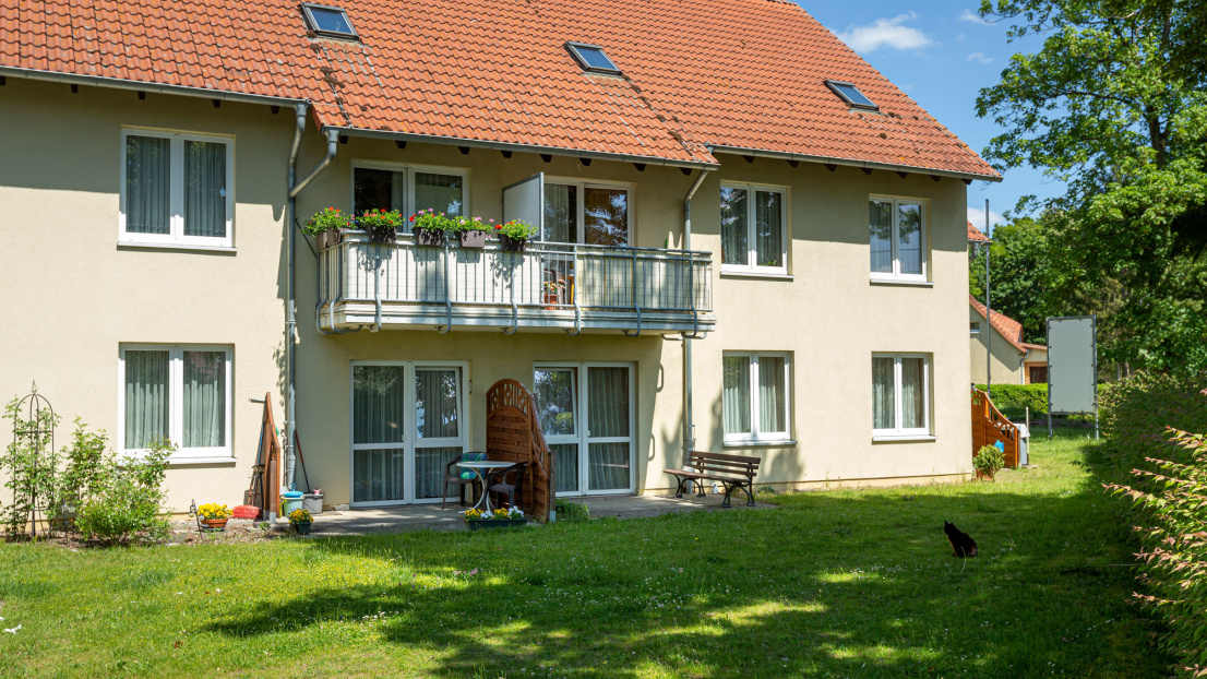 Ein zweistöckiges hellgelbes Wohnhaus aus der Rückansicht. Es ist umrandet von grüner Wiese mit Büschen und Bäumen. Eine Katze sitzt im Schatten der Bäume. Auf der Terrasse stehen Sitzmöbel und Blumentöpfe. Der Balkon des Obergeschosses ist mit Blumen bepflanzt.