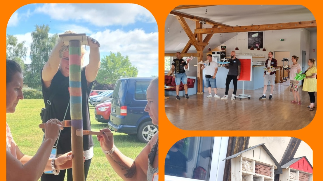 Eine Collage von Fotos, auf denen ein Team in Aktion zu sehen ist. Sie bauen, malen, meditieren zusammen und sehen glücklich aus.