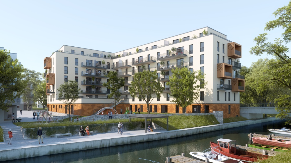 Ein wie ein Foto wirkender Architekten-Entwurf eines 7-stöckigen Neubaus am Wasser