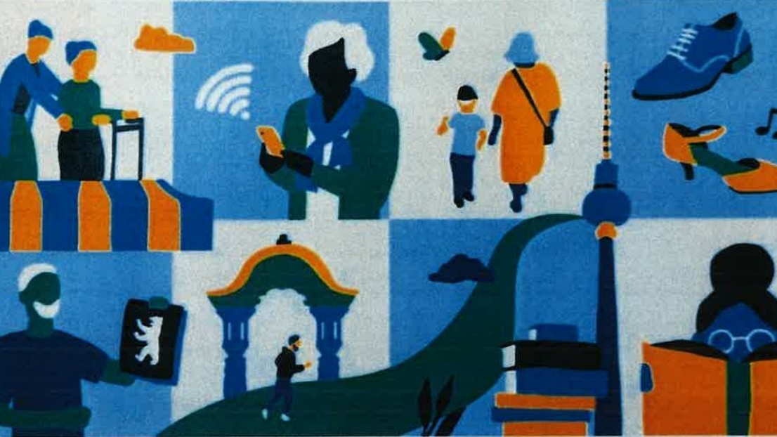 Sechs kleine Grafiken, die Menschen in verschiedenen Blau- und Orange-Tönen darstellt: Menschen die laufen, beim Laufen Hilfe bekommen, lesen, ein Handy in der Hand halten. Auch der Fernsehturm und der Berliner Bär sind dargestellt.