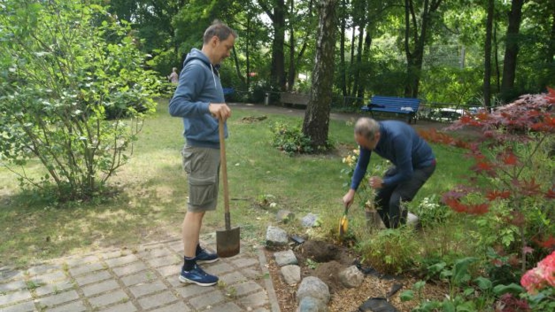 Zwei Männer stehen in einem Garten, der von Bäumen umringt ist. Sie halten Schaufeln in der Hand und graben damit in der Erde.