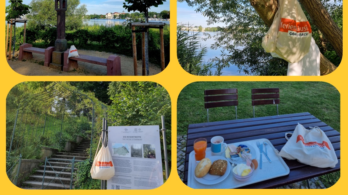 Foto-Collage mit verschiedenen Eindrücken von Landschaften. Auf manchen Bildern ist ein Jutebeutel mit der Aufschrift "ferien-inklusiv" zu sehen.