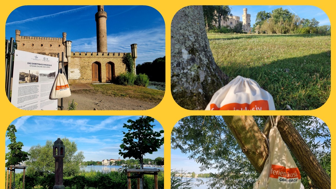 Foto-Collage mit verschiedenen Eindrücken von Landschaften. Auf manchen Bildern ist ein Jutebeutel mit der Aufschrift "ferien-inklusiv" zu sehen.