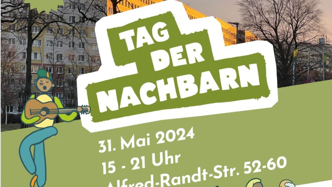Ein buntes Plakat mit der Ankündigung zum Nachbarschaftstreffen