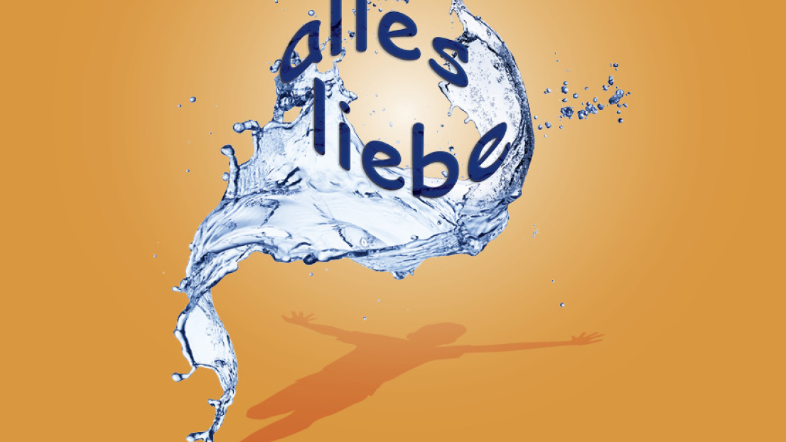 In einem Wassertropfen steht "alles liebe", darunter der Schatten eines springenden Menschen.