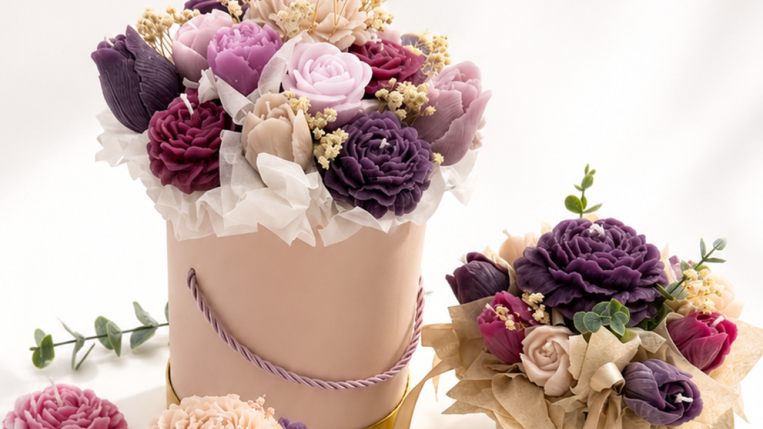 Drei Blumensträuße aus Kerzen. Die Blüten sind Rosen, Tulpen. Es ist ein kleiner, ein mittlerer und ein großer Strauß zu sehen.