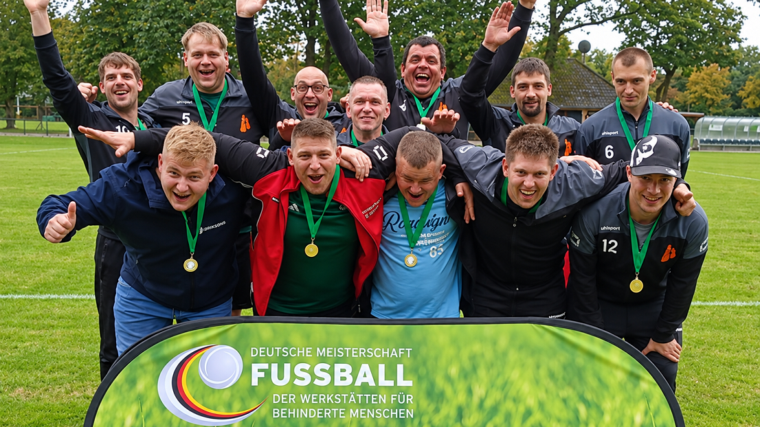 12 Männer in Sportbekleidung tragen stolz ihre Medaillen und stehen zusammen vor einem Fußball-Banner