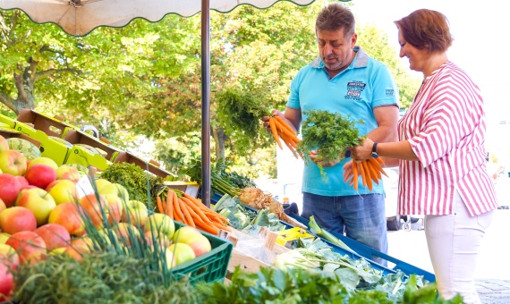 Eine Begleiterin hilft beim Einkaufen auf dem Markt