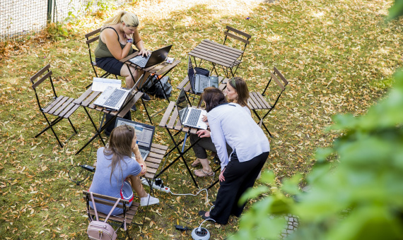 Drei junge Frauen sitzen im Garten mit ihren Laptops. Eine Frau beigt sich zu einer und schaut zu.